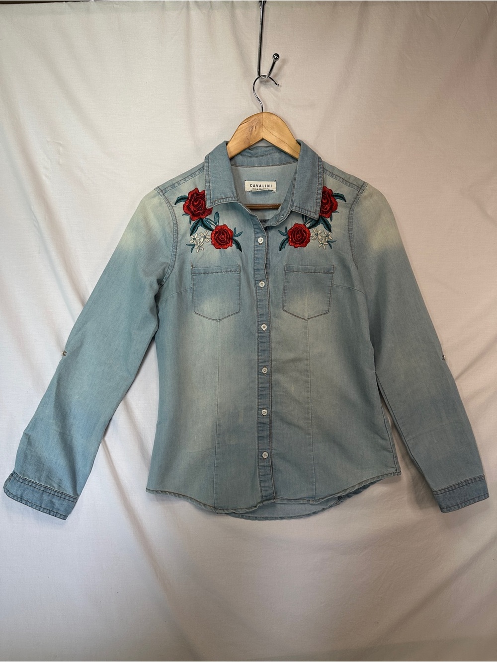 Cavalini Light Denim Button-Up with Red Rose Embroidery